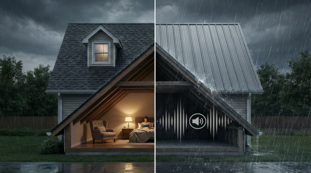 Гибкая черепица и металлочерепица во время дождя, шумоизоляция фото