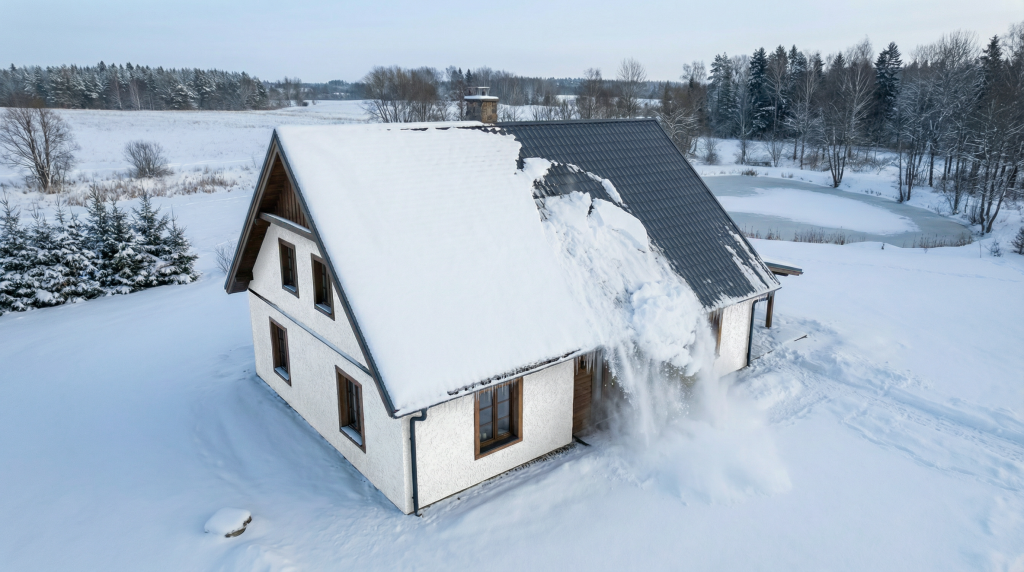  Сход лавины снега с металлочерепицы зимой фото
