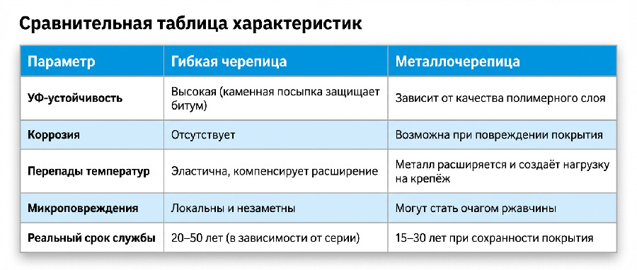 Таблица сравнение характеристик гибкой черепицы и металлочерепицы фото